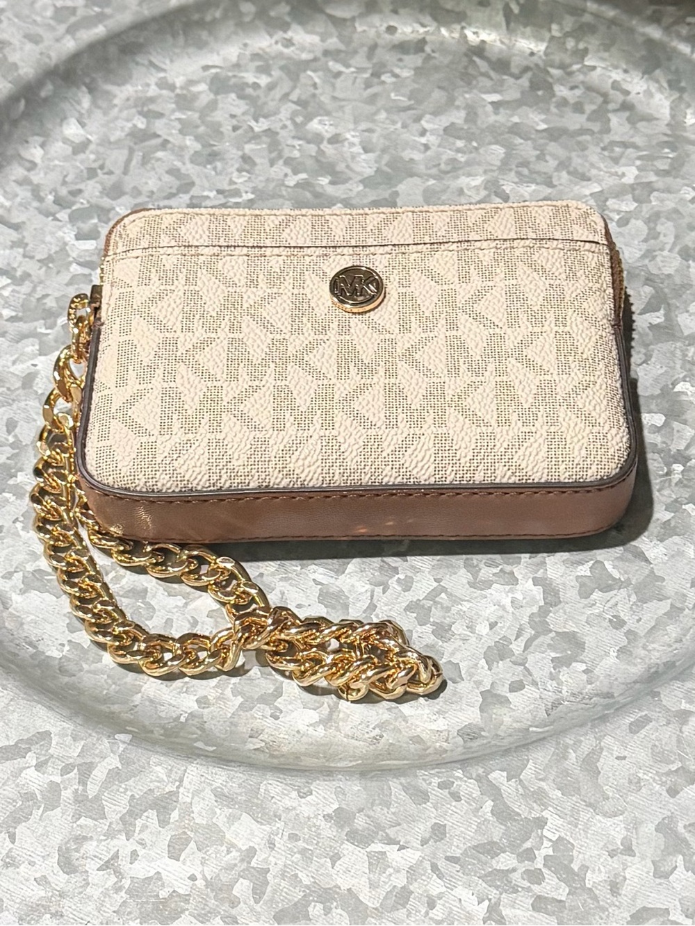 Michael Kors Beige Logo Wristlet with Gold Chain